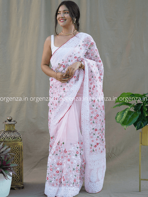 Organza Saree With Lakhanvi Chikankari Work - Orgenza Store - digisoch