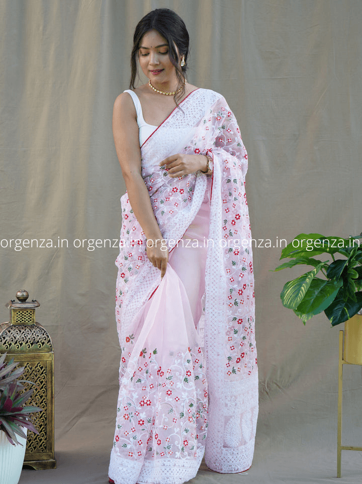 Organza Saree With Lakhanvi Chikankari Work - Orgenza Store - digisoch