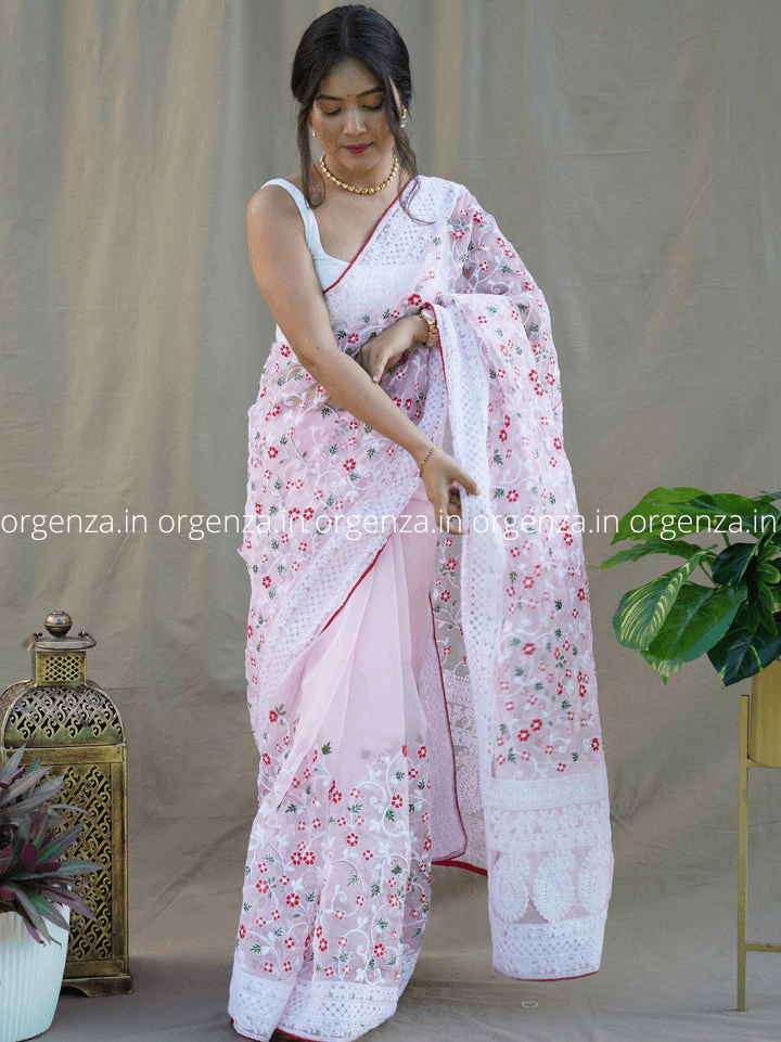 Organza Saree With Lakhanvi Chikankari Work - Orgenza Store - digisoch