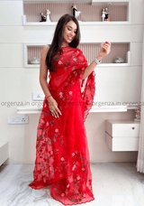 Red Organza Saree With Embroidery Work - Orgenza Store