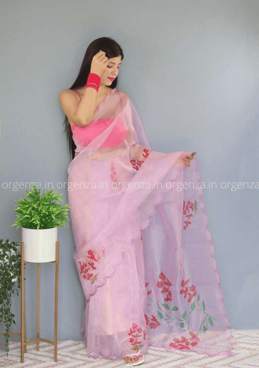 Baby Pink Floral Organza Saree With Foil Print - Orgenza Store