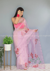 Baby Pink Floral Organza Saree With Foil Print - Orgenza Store