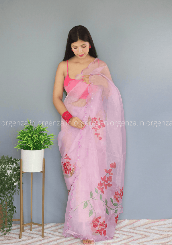 Baby Pink Floral Organza Saree With Foil Print - Orgenza Store