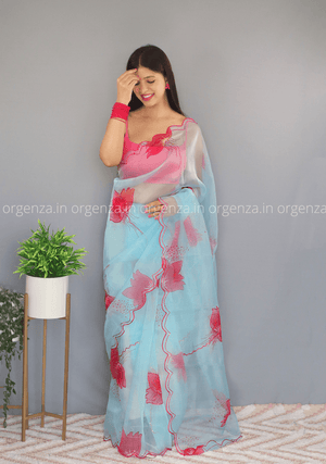 Sky Floral Organza Saree With Foil Print - Orgenza Store - digisoch