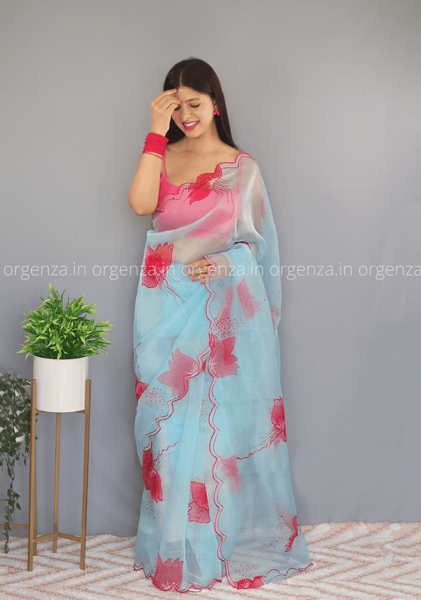 Sky Floral Organza Saree With Foil Print - Orgenza Store