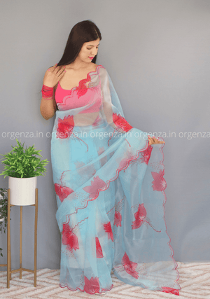 Sky Floral Organza Saree With Foil Print - Orgenza Store - digisoch