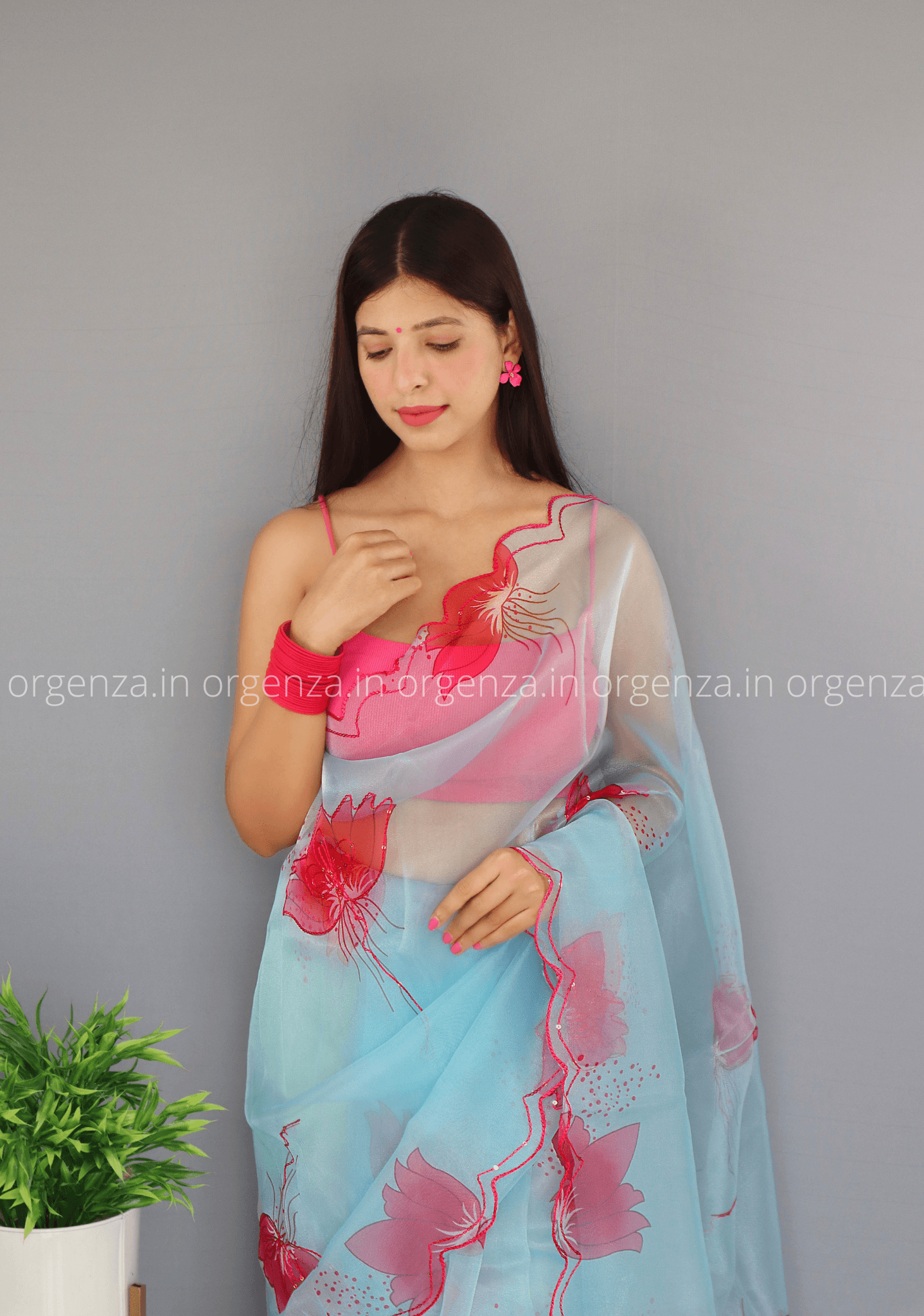 Sky Floral Organza Saree With Foil Print - Orgenza Store - digisoch