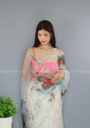 Cream Floral Organza Saree With Foil Print - Orgenza Store - digisoch