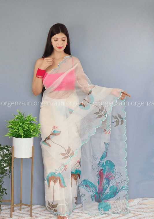 Cream Floral Organza Saree With Foil Print - Orgenza Store
