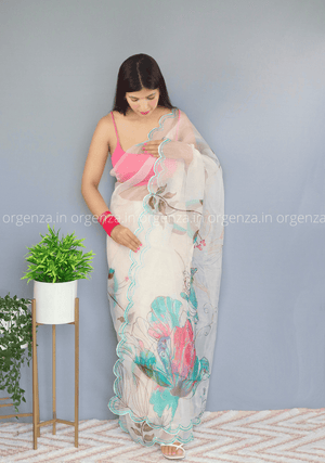 Cream Floral Organza Saree With Foil Print - Orgenza Store - digisoch