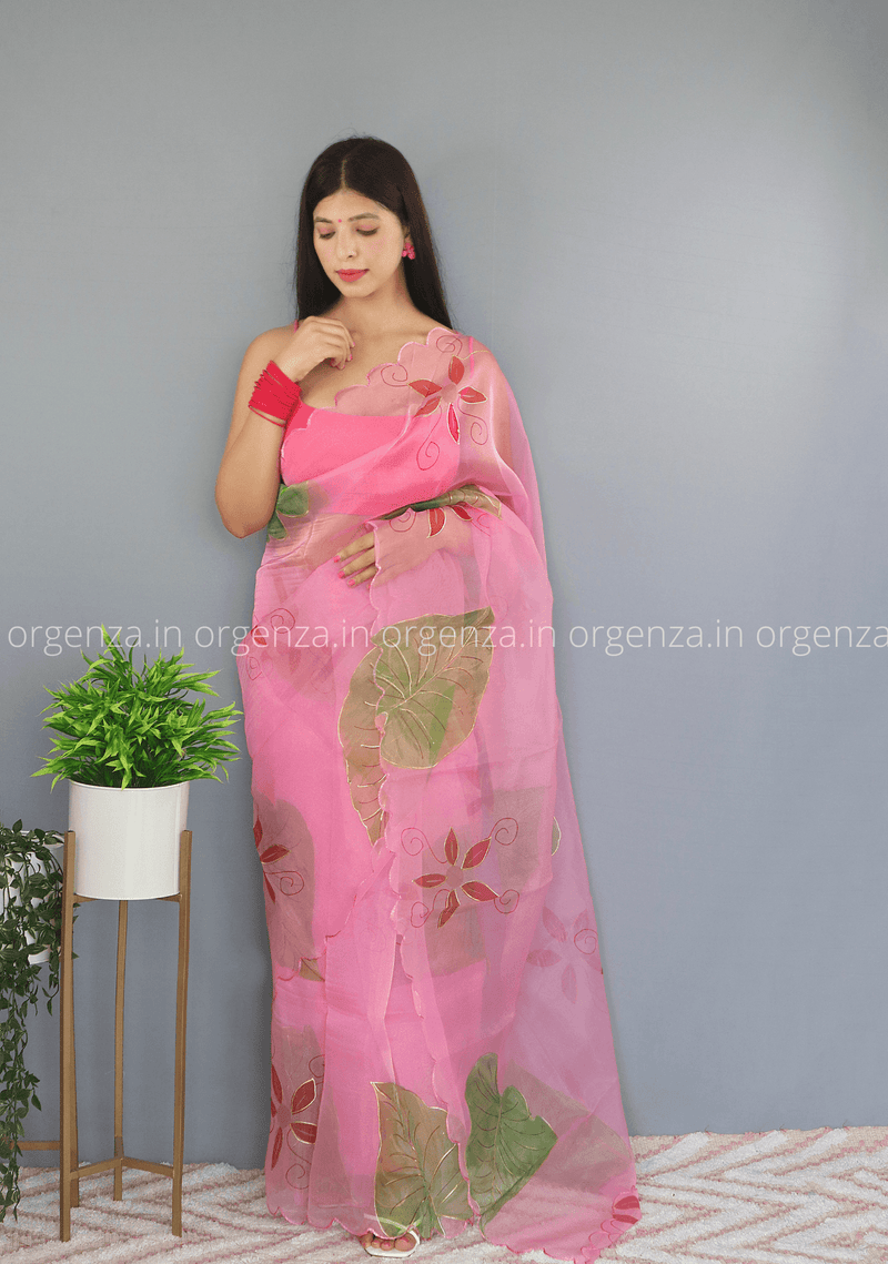Pink Floral Organza Saree With Foil Print - Orgenza Store
