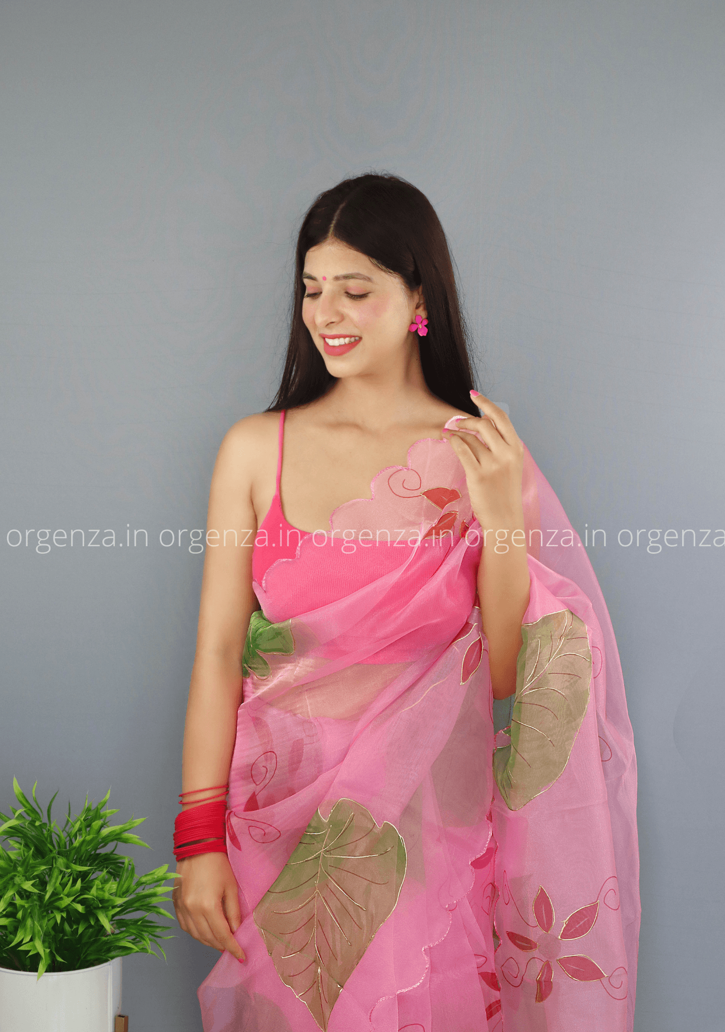 Pink Floral Organza Saree With Foil Print - Orgenza Store
