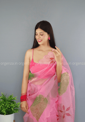 Pink Floral Organza Saree With Foil Print - Orgenza Store