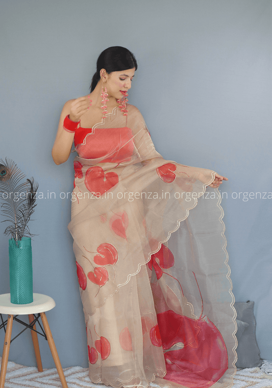 Dark Cream Floral Organza Saree With Foil Print - Orgenza Store