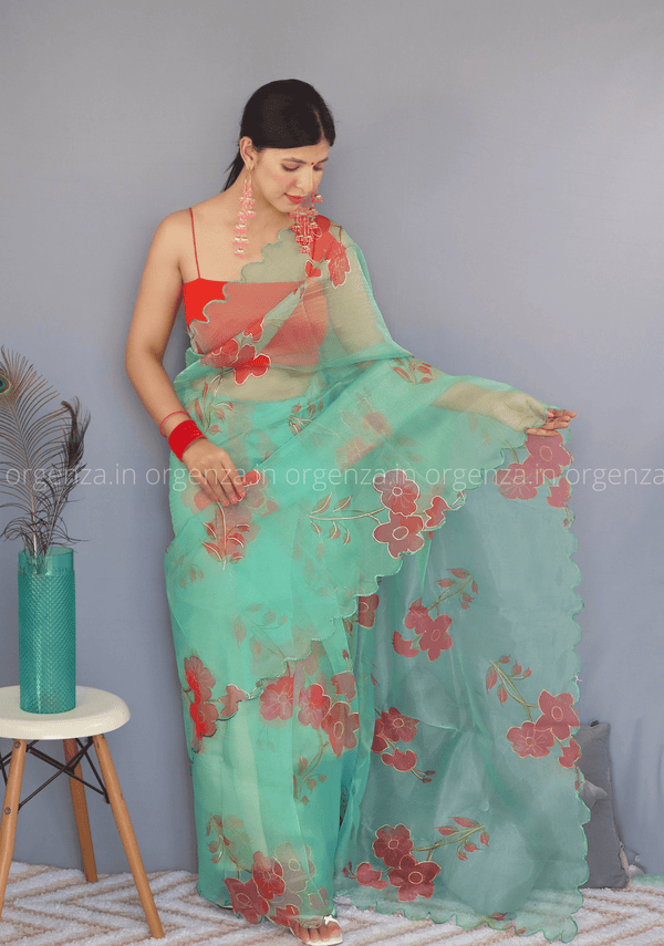 Green Floral Organza Saree With Foil Print - Orgenza Store