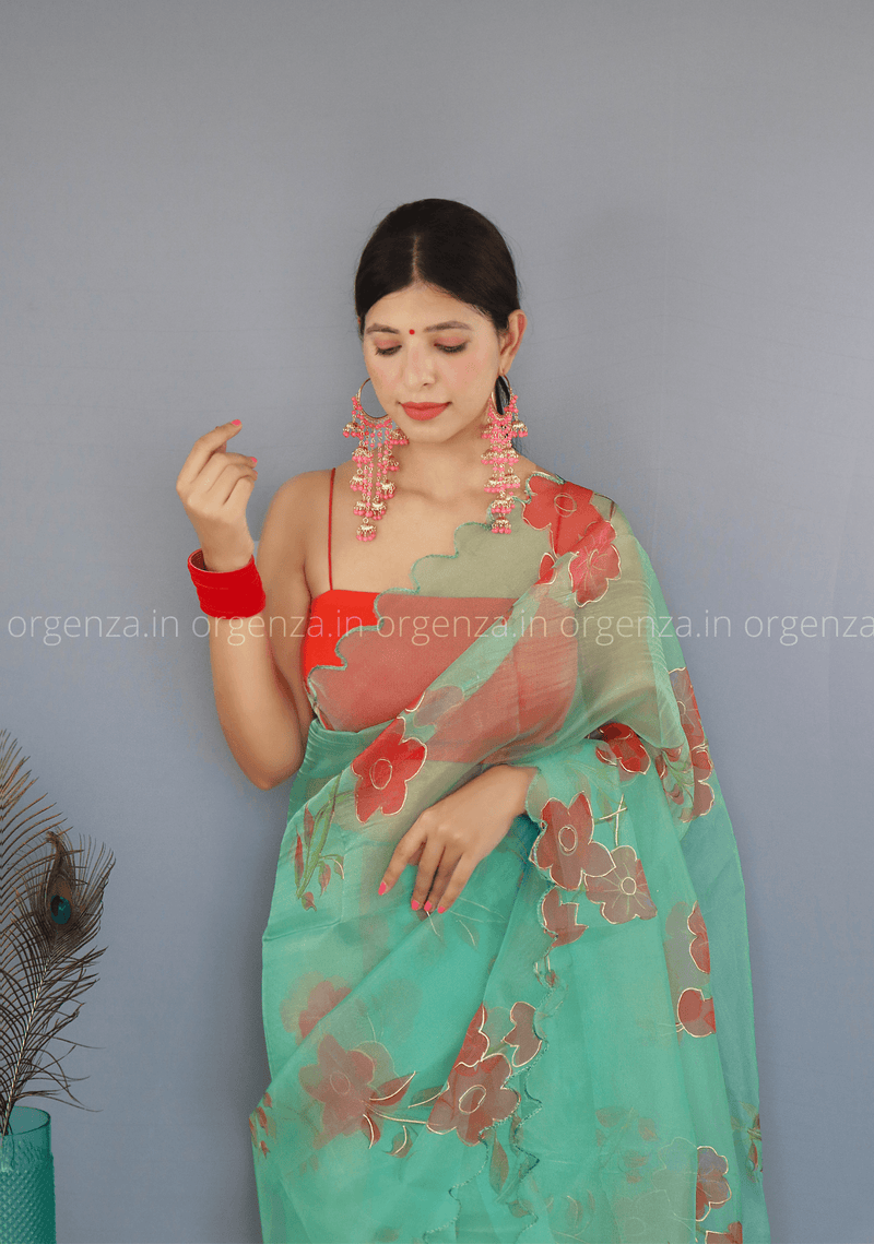 Green Floral Organza Saree With Foil Print - Orgenza Store