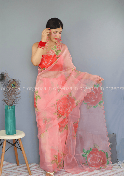 Peach Floral Organza Saree With Foil Print - Orgenza Store