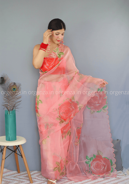 Peach Floral Organza Saree With Foil Print - Orgenza Store