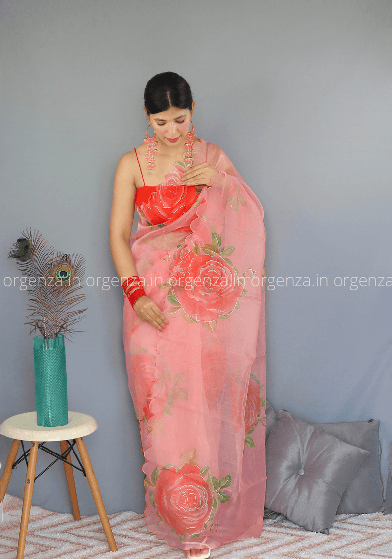 Pink Organza Saree With Floral and Foil Print With Blouse | Party wear  sarees, Organza saree, Pink organza saree