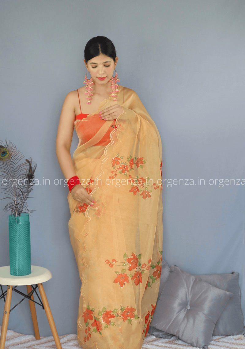 Mustard Yellow Floral Organza Saree With Foil Print - Orgenza Store