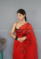 Red Floral Organza Saree With Foil Print - Orgenza Store