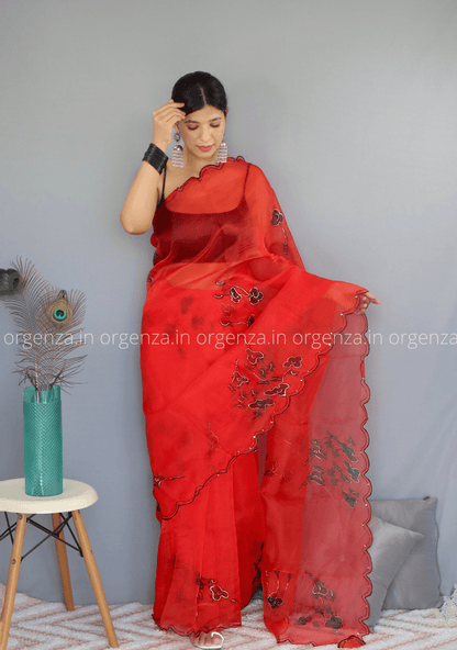 Red Floral Organza Saree With Foil Print - Orgenza Store
