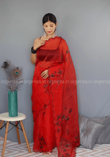 Red Floral Organza Saree With Foil Print - Orgenza Store
