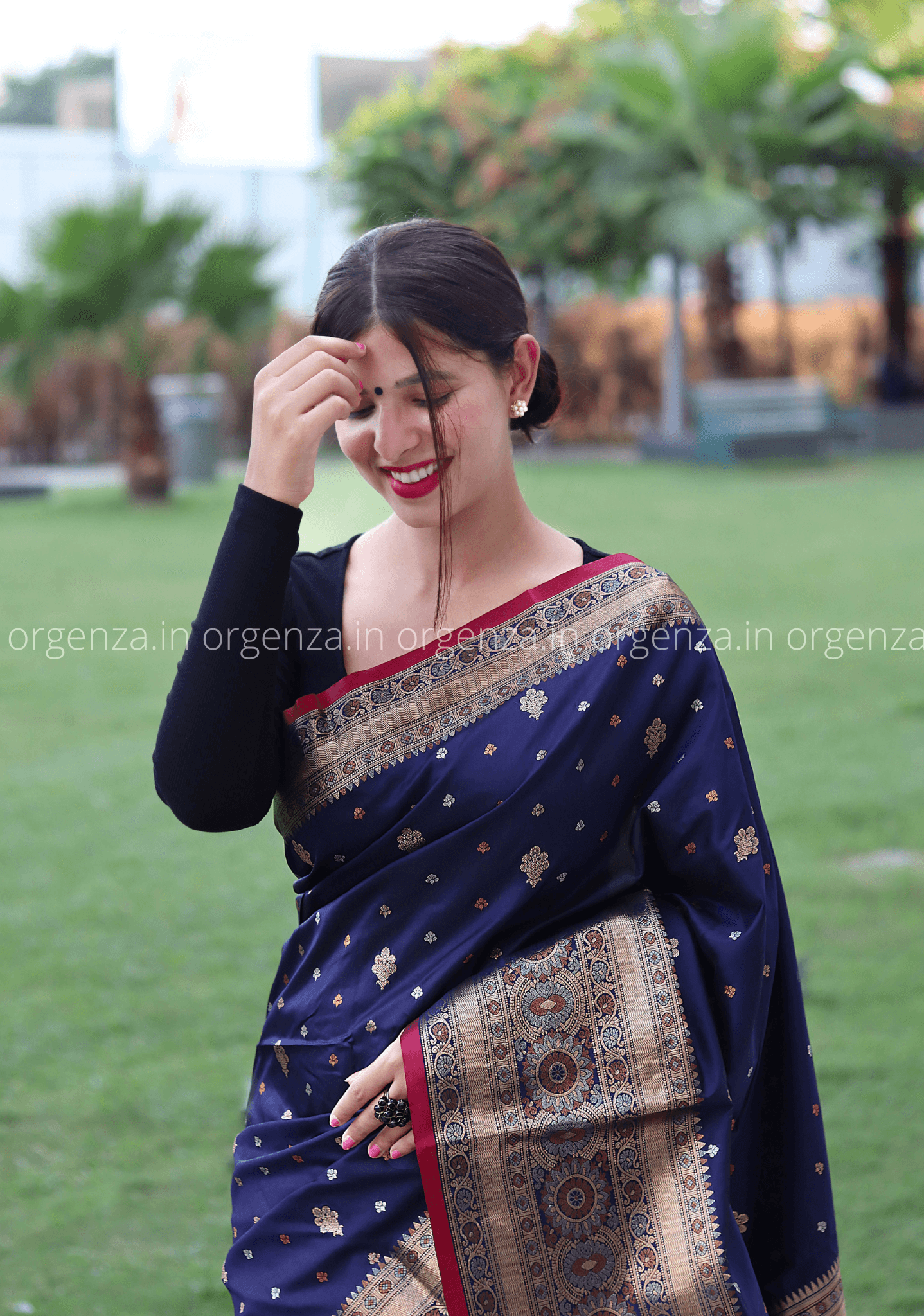 Navy Blue Zari Woven Saree - Orgenza Store