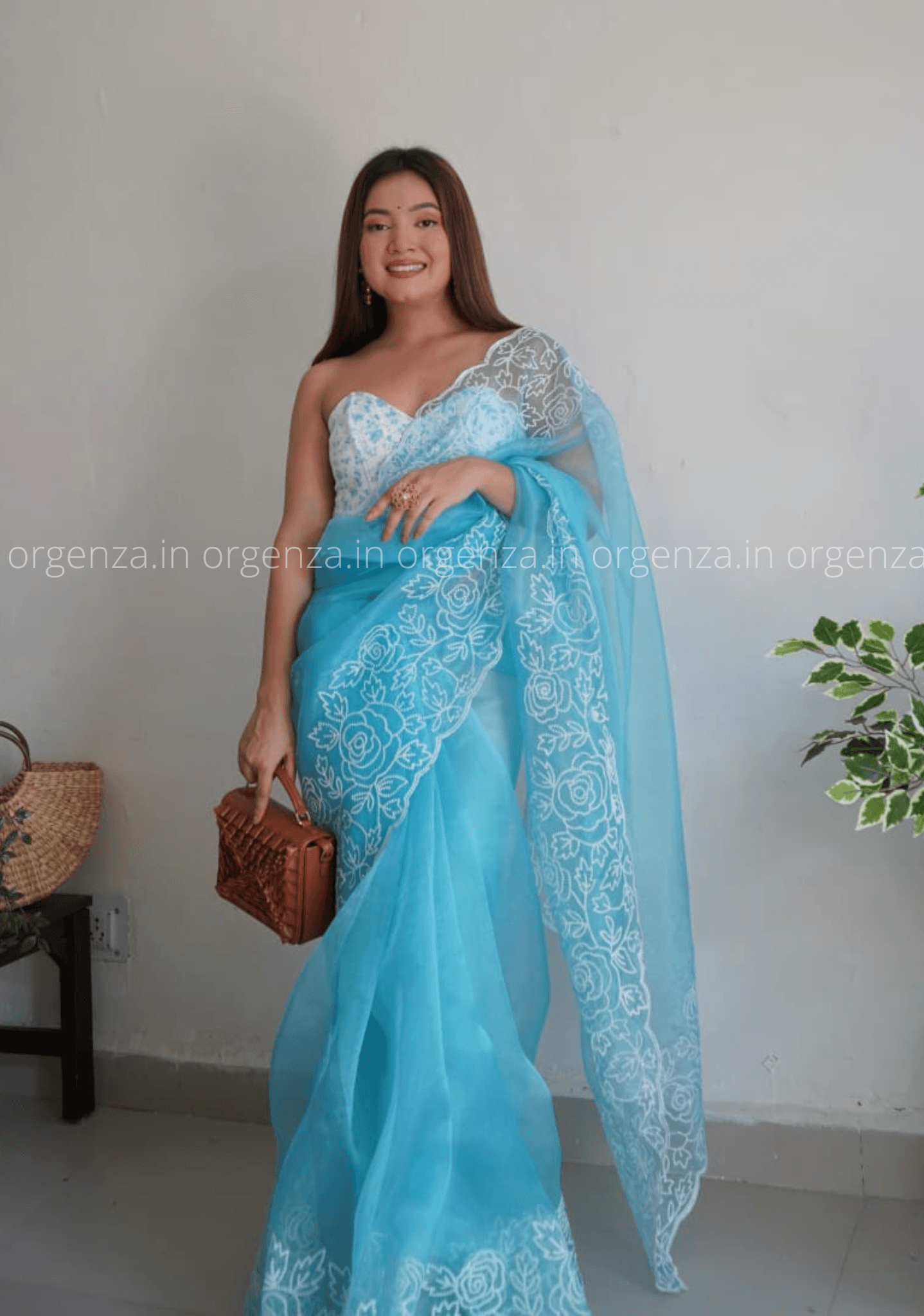 Sky Colour Chikankari Work Saree With C Pallu Cutwork - Orgenza Store