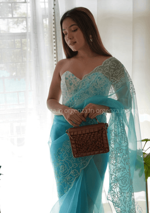 Sky Colour Chikankari Work Saree With C Pallu Cutwork - Orgenza Store
