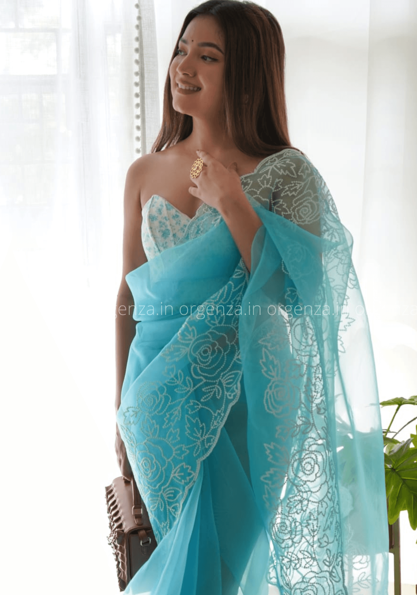 Sky Colour Chikankari Work Saree With C Pallu Cutwork - Orgenza Store