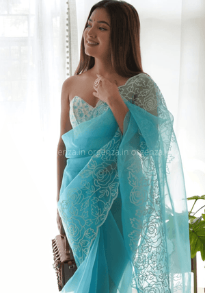 Sky Colour Chikankari Work Saree With C Pallu Cutwork - Orgenza Store