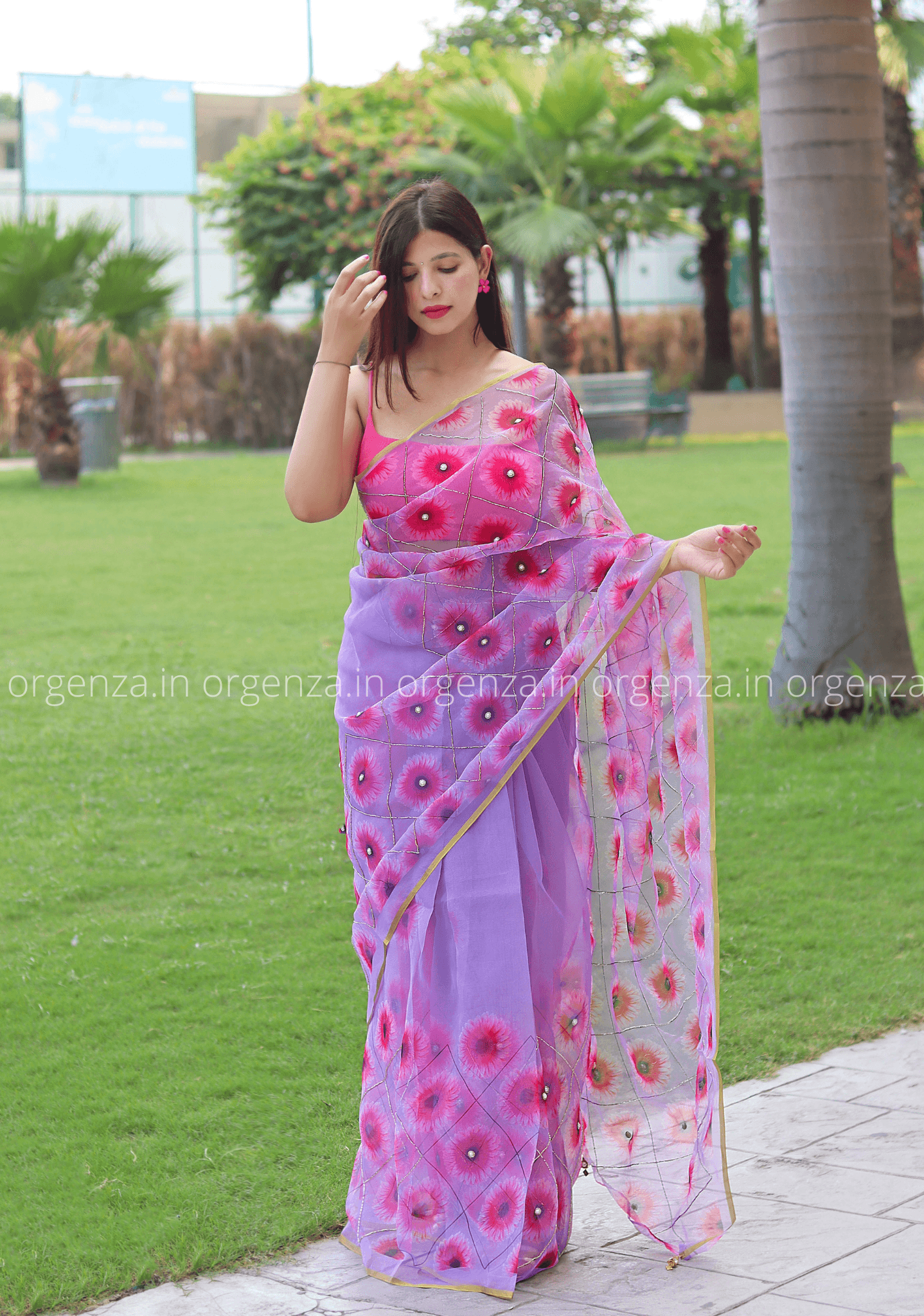 Purple Sunflower Printed Organza Saree - Orgenza Store