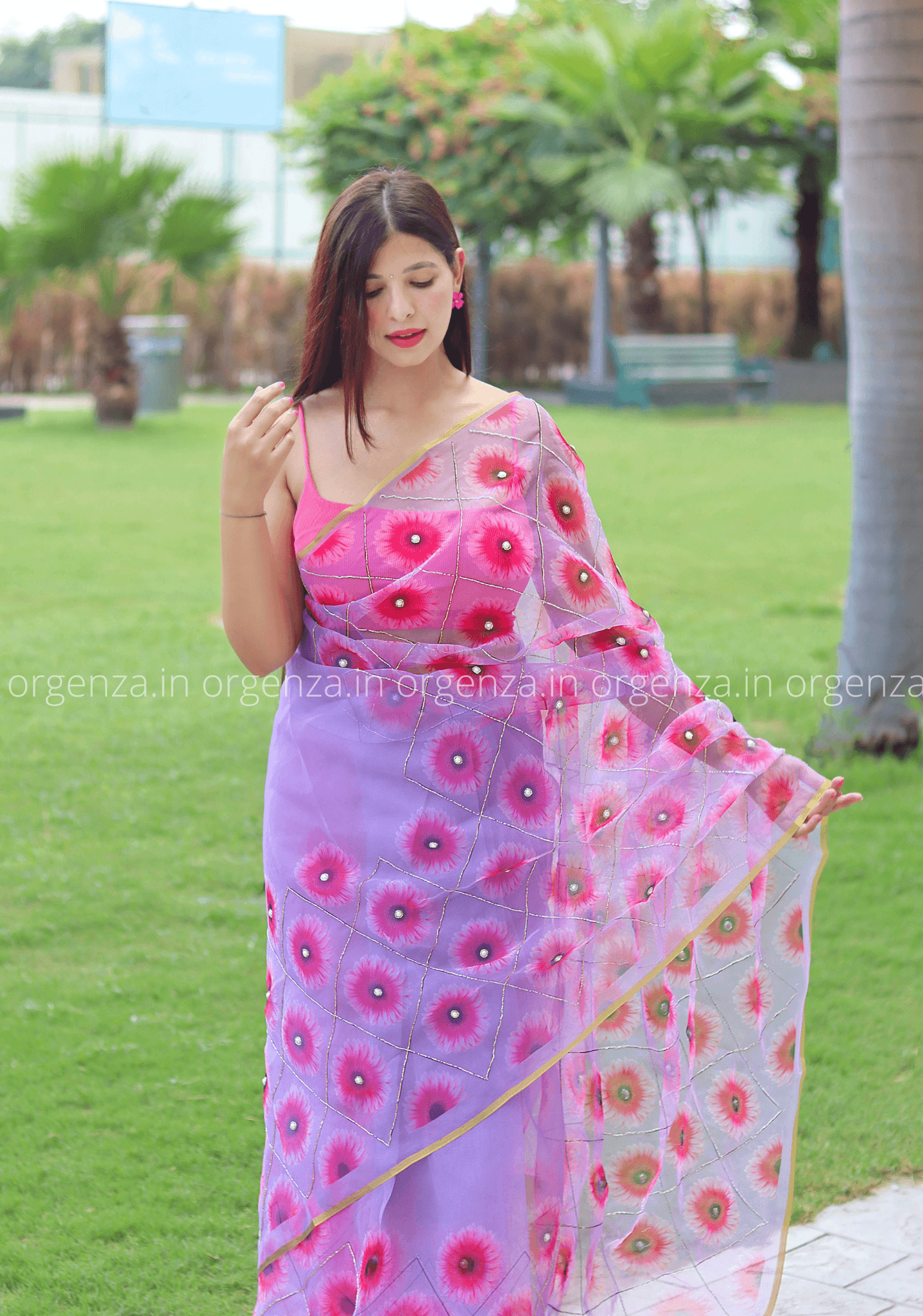 Purple Sunflower Printed Organza Saree - Orgenza Store