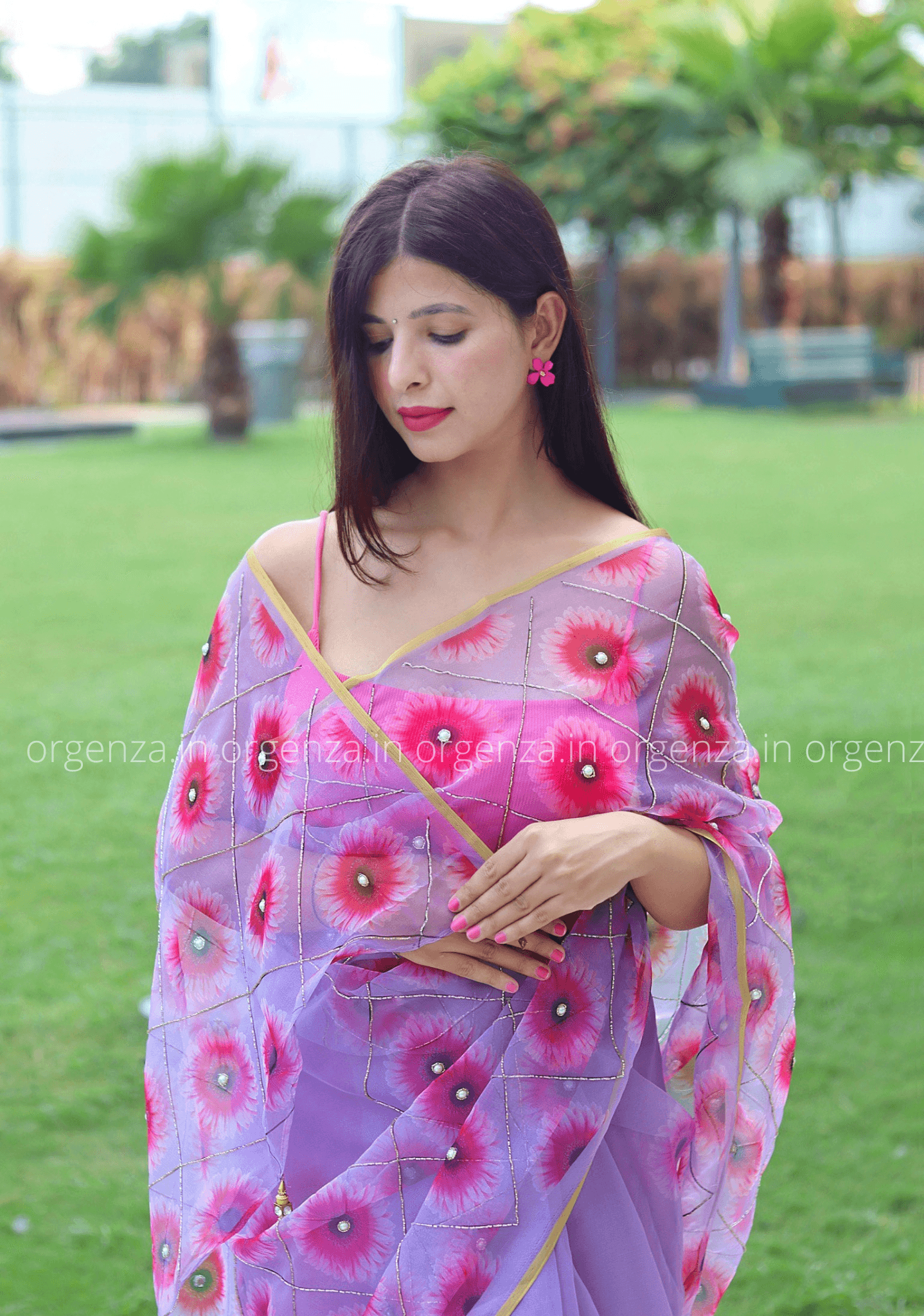 Purple Sunflower Printed Organza Saree - Orgenza Store