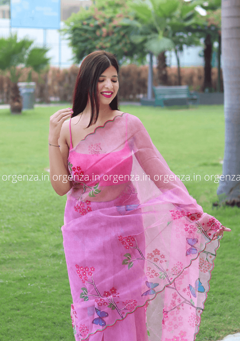 Baby Pink Organza Saree With Hand Work - Orgenza Store