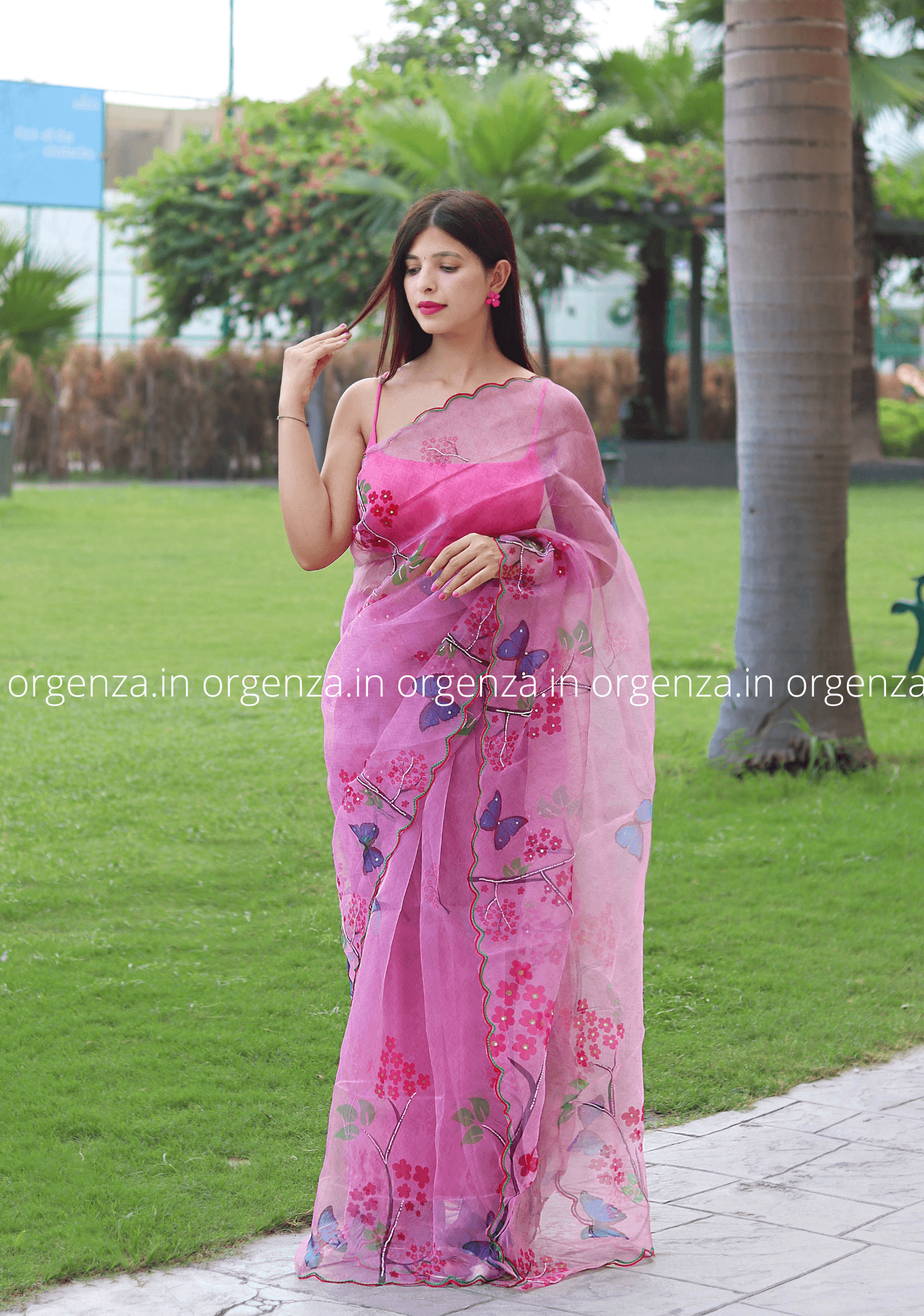 Baby Pink Organza Saree With Hand Work - Orgenza Store