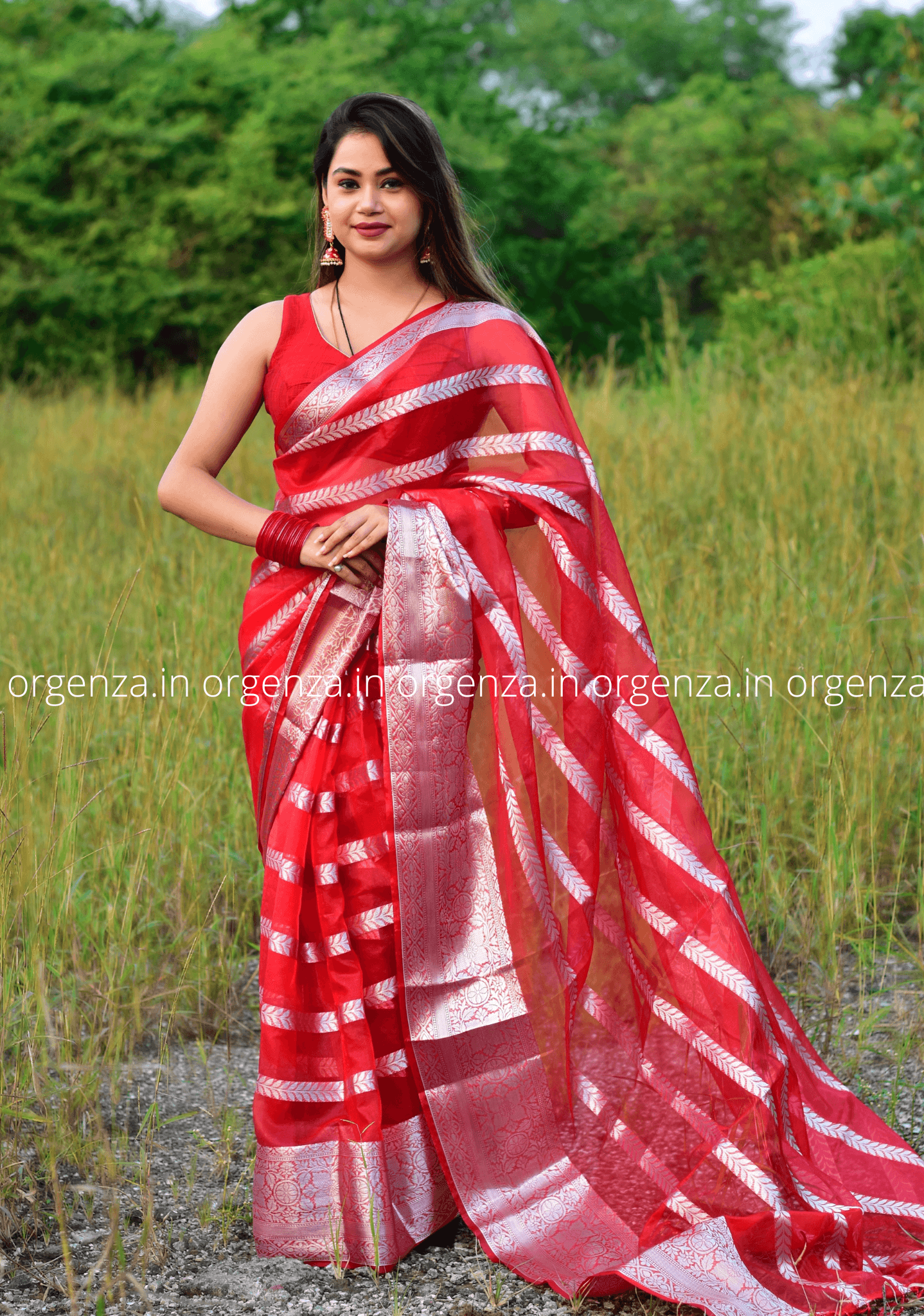 Red Kora Organza Silk Saree With Silver Border - Orgenza Store - digisoch
