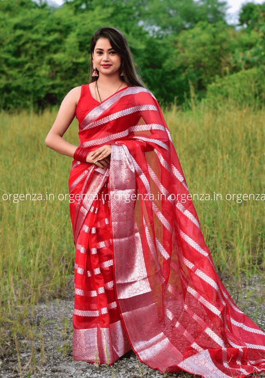 Red Kora Organza Silk Saree With Silver Border - Orgenza Store