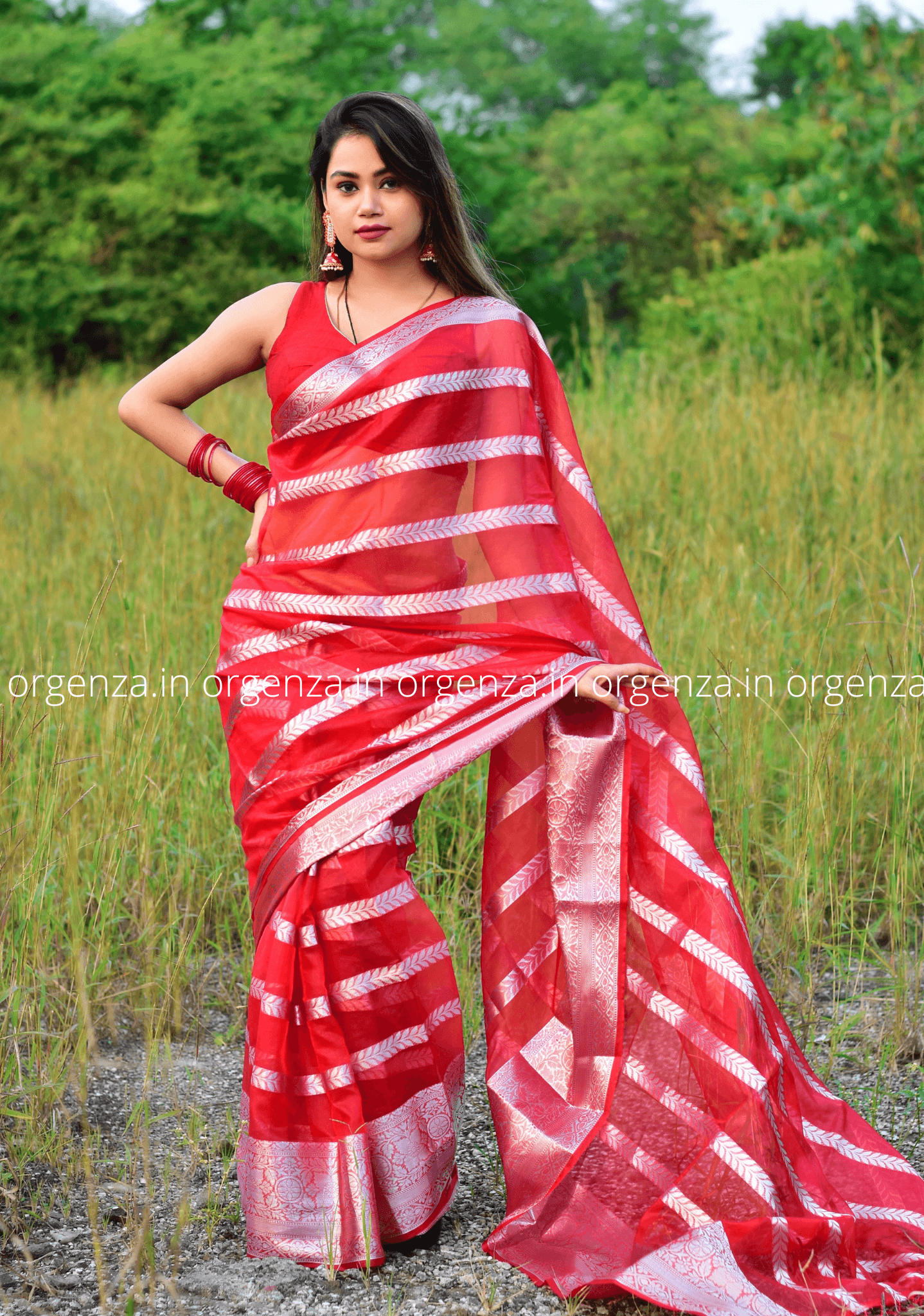 Red Kora Organza Silk Saree With Silver Border - Orgenza Store - digisoch