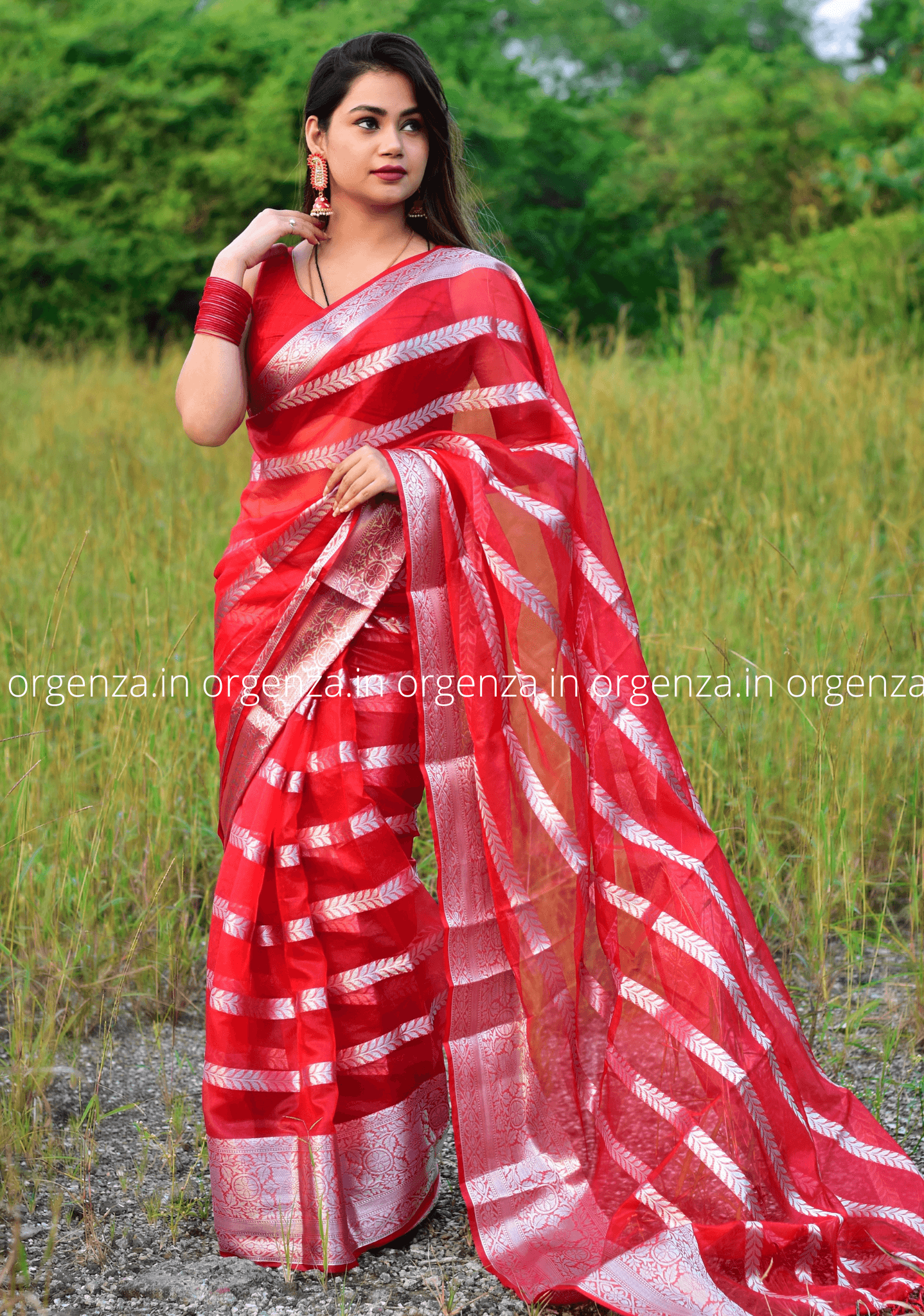 Red Kora Organza Silk Saree With Silver Border - Orgenza Store - digisoch