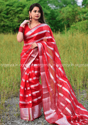 Red Kora Organza Silk Saree With Silver Border - Orgenza Store - digisoch