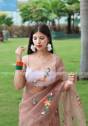 Chocolate Colour Organza Saree With Hand Print - Orgenza Store