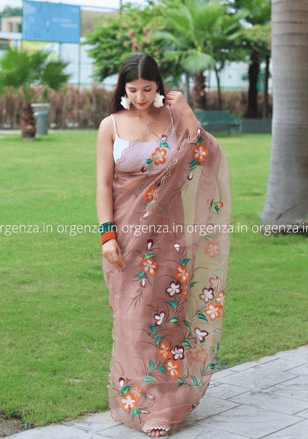 Chocolate Colour Organza Saree With Hand Print - Orgenza Store