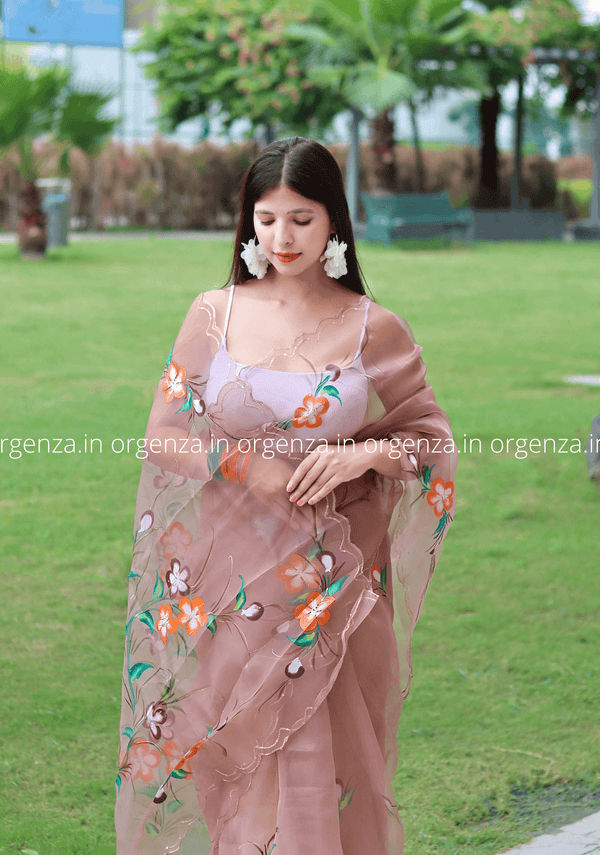 Chocolate Colour Organza Saree With Hand Print - Orgenza Store