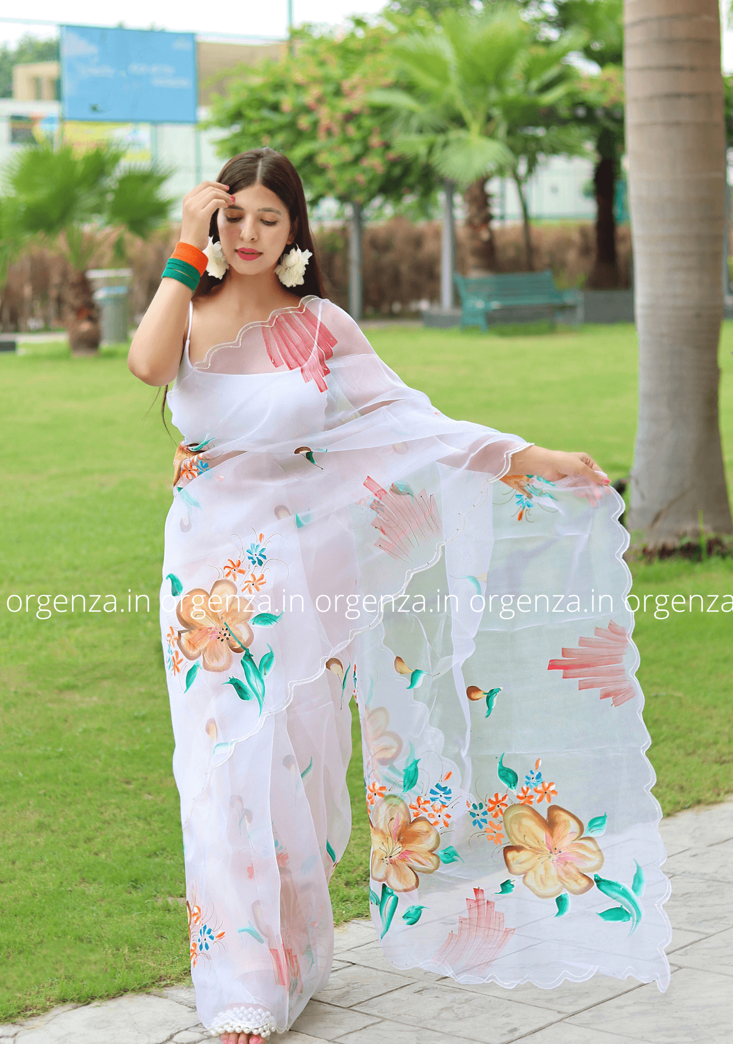 White Colour Hand Print Organza Saree - Orgenza Store