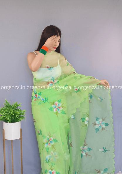 Lime Colour Organza Saree With CutWork - Orgenza Store