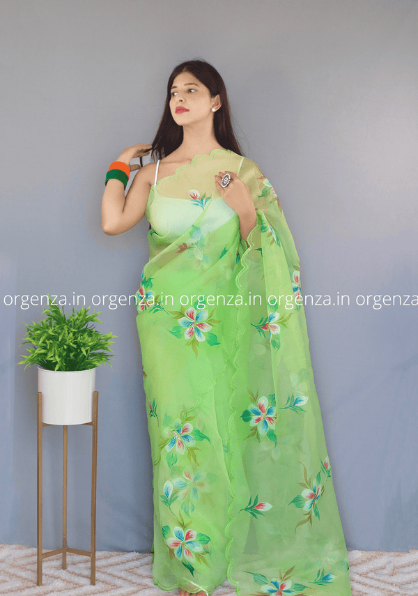 Lime Colour Organza Saree With CutWork - Orgenza Store