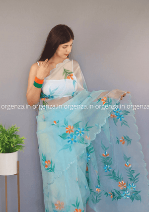 Sky Blue Organza Saree With Hand Print - Orgenza Store - digisoch