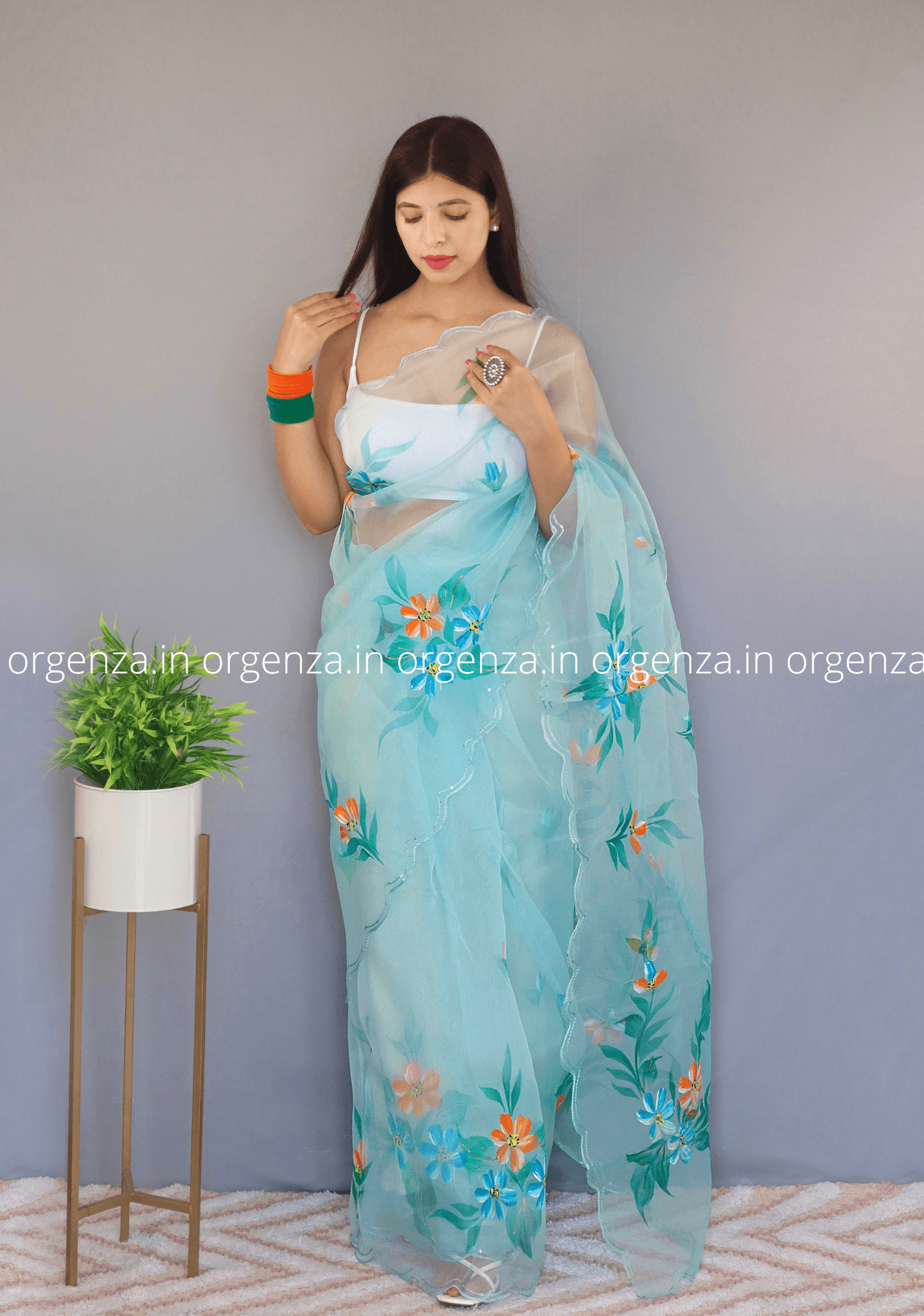 Sky Blue Organza Saree With Hand Print - Orgenza Store